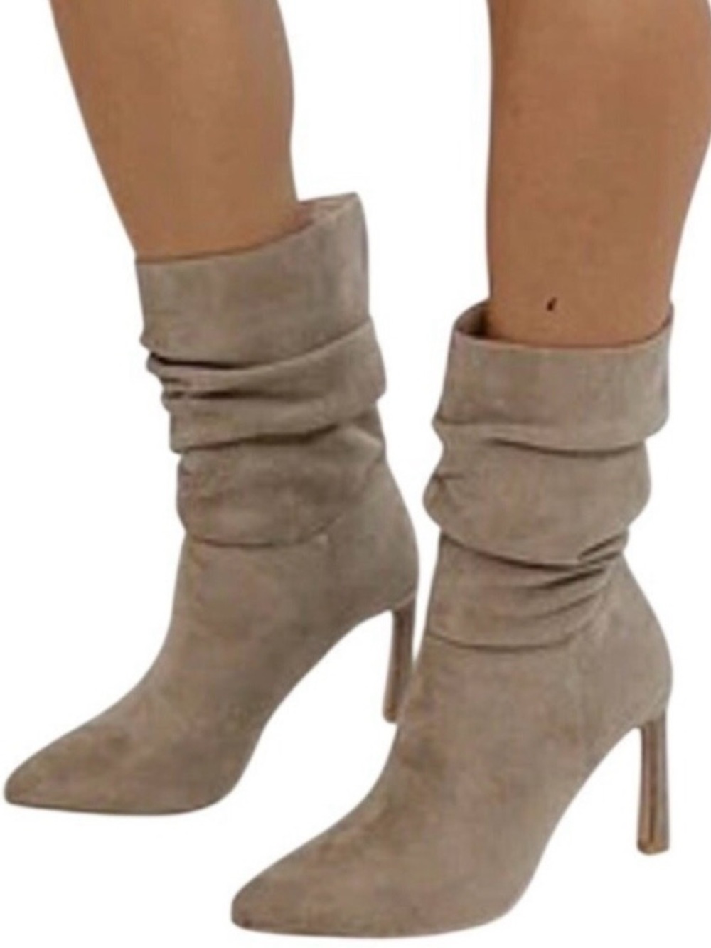 Taupe Slouchy Mid Calf Boots Stiletto Heel Pointed Toe Soft Neutral Size 8.5